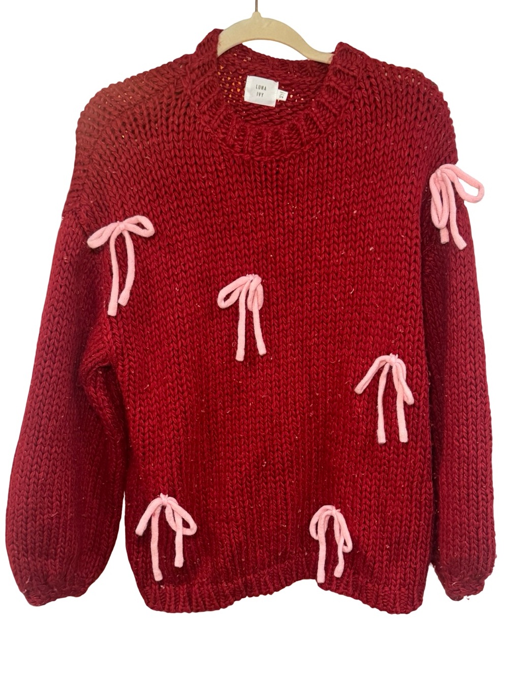 Luna Ivy Red Crewneck Sweater with Pink Bow Accents